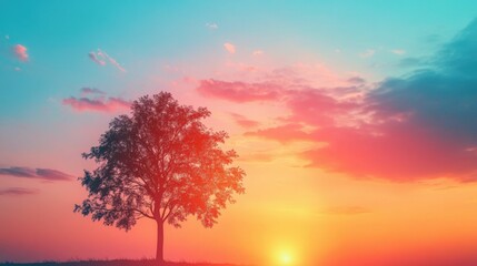 Obraz premium Close-up of a single tree silhouetted against a colorful sunset sky, serene and dramatic natural composition