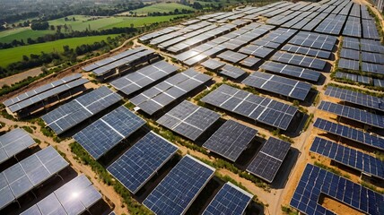Aerial View of Extensive Solar Panel Installation on Green Land Under Bright Sunlight Renewable Energy Concept