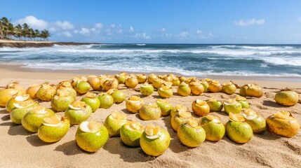 Tropical beach coconuts, ocean waves, sunny day, refreshment