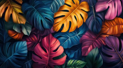 An abstract illustration with colorful jungle leaves, evoking the energy and vibrancy of summer