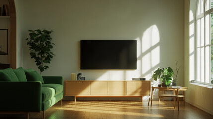 Fototapeta premium Serene Living Room: A modern living room bathed in natural light, featuring a plush green sofa, wooden entertainment center, and lush plants.