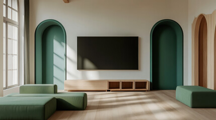 Contemporary Living Room Design: A modern living room showcases sleek furniture, an integrated entertainment system, and stylish design elements.