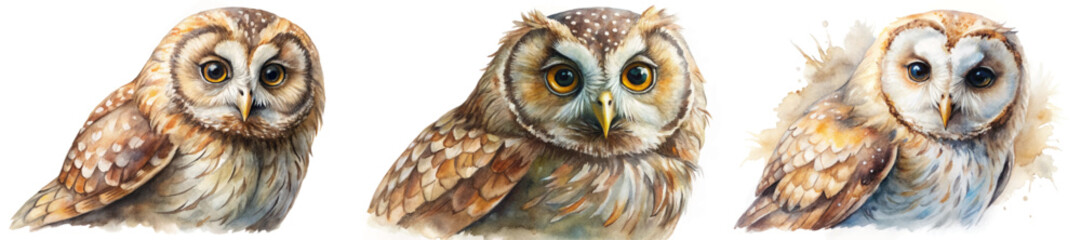 Detailed watercolor owls, realistic animal portraits, nature artwork, vibrant colors, wildlife illustration, artistic expression.