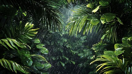 Fototapeta premium Rain Falling Through Lush Green Tropical Foliage in a Dense Jungle Environment