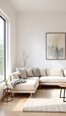 Minimalist Living Room with White Walls and Natural Light.