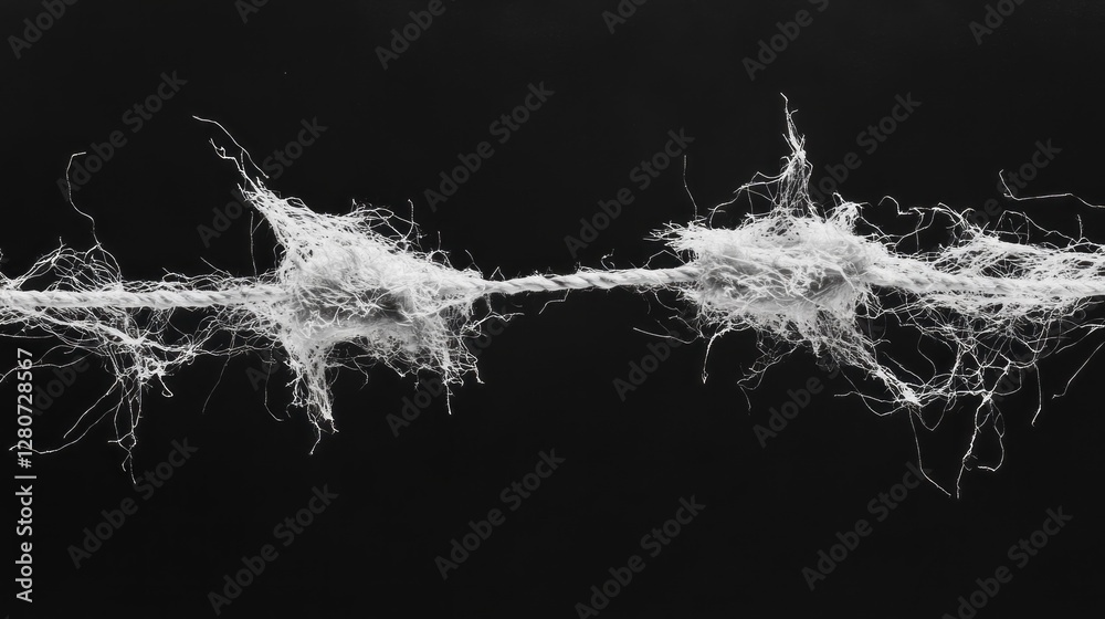 Poster in a minimalist black background, two white strings connect, their fibers tangled and forming intric