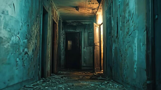 Mysterious and eerie hallway illuminated by dim light in a forgotten building, Dimly lit eerie hallway with mysterious atmosphere, horror video background