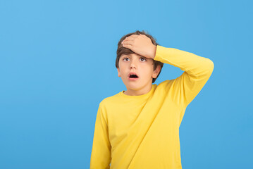 Young boy holding hands to head, amazed, surprised, surprised, confused, resigned, in yellow sweater, isolated on blue background. Concept of disaster
