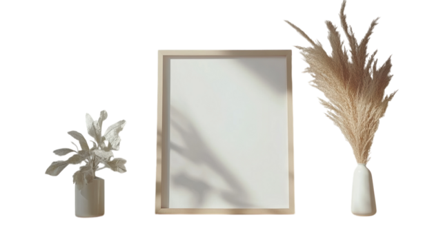 Artistic arrangement of a blank frame and elegant dried flowers in a minimalistic setting