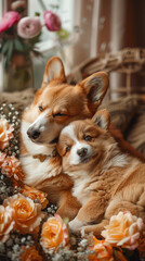 corgi mother and puppy with flowers warm family love