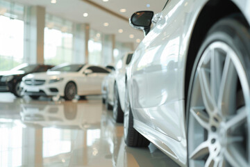 A sleek silver car displayed in a modern showroom. Luxury with bright lighting and polished surfaces. Refined automotive design highlights elegance, innovation, and high-end dealership presentation.