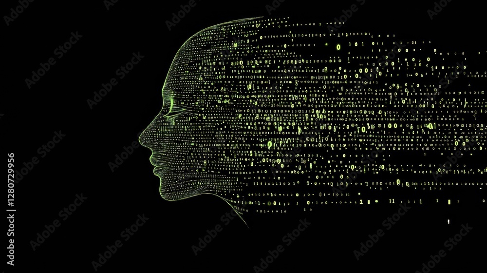 Aufkleber Human face outline transforming into a flow of binary code, illustrating futuristic AI technology and data exchange concepts. Generative AI