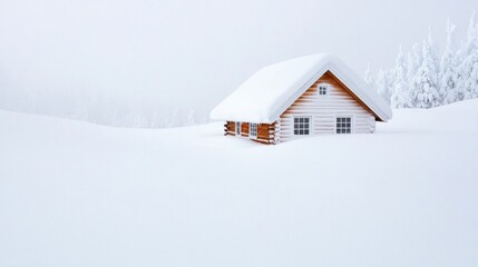 Snowy log cabin nestled in a winter wonderland.  Possible use Stock photo for winter vacations