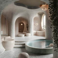 A spa made of textured pale pink and beige terrazzo with lots of greenery. There is an oval-shaped pool in the center of the room with small round bathtubs around it. 