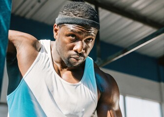 Fototapeta premium Dynamic pose of muscular black man in tank top gym fitness portrait indoor setting close-up view strength and determination
