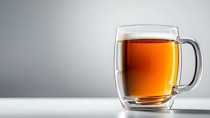 A clear glass mug filled with amber-colored beer, showcasing a foamy head. Concept Clear Glass Mug, Amber-colored Beer, Foamy Head, Refreshing Beverage, Craft Beer Presentation