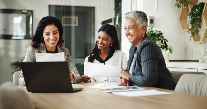 Business women, laugh and financial paperwork with laptop, budget and advisor for customer portfolio. Document, accountant or agent meeting with teamwork for consultation advice or assistance review