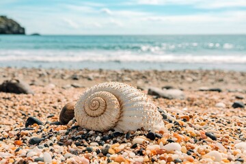 Closeup sand beach with shell on blurry background