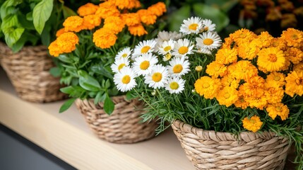 Colorful flower shop window display Concept, Rustic Shop Window Display Featuring Fresh Marigold and Daisy Bouquets in Baskets