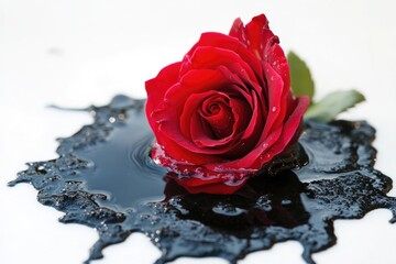 A single red rose sits atop a puddle of water, perfect for use in designs related to nature, romance, or symbolism
