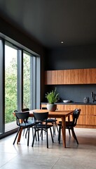 Fototapeta premium the interior of a modern home with wooden accents and large windows.