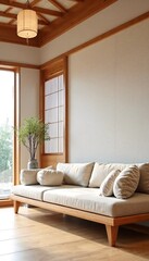 Obraz premium A serene and minimalist Japanese-inspired living room with natural wood accents.
