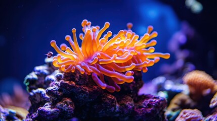 Fototapeta premium Vibrant coral close up with tiny fish in underwater scene