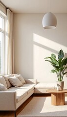 Fototapeta premium A bright and airy living room with light cream walls features a minimalist sofa and coffee table arrangement.