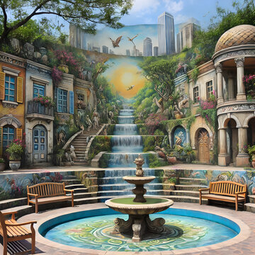 Beautiful trompe l'oeil with waterfall and fountain decorating a wall