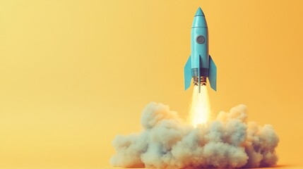 Naklejka premium Blue Rocket Launching with Colorful Smoke, A blue rocket launching amidst colorful smoke against a vibrant yellow background
