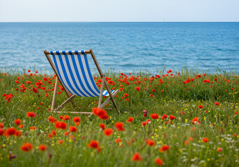 Striped deck chair on grassy shore with red poppies, wildflowers overlooking blue sea. Peaceful summer relaxation, coastal landscape