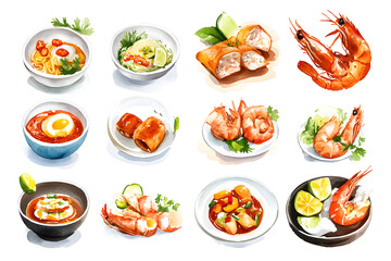 Watercolor collection of thai food isolated on white background