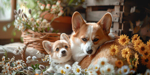 corgi mother and puppy with flowers warm family love