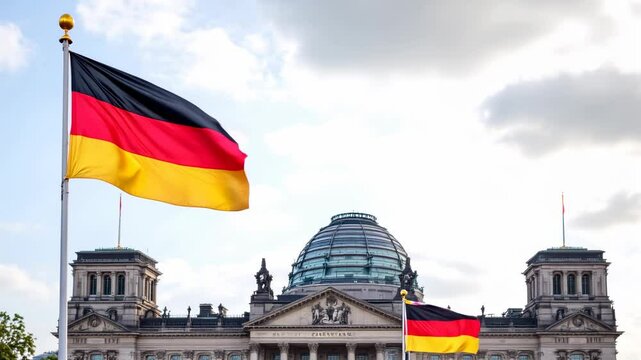 Germany national flag waving on flagpole against blue sky and parliament building. National celebration. Patriotism and election concept. Independence Day, German Unity Day. Patriotic background