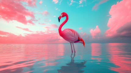 Fototapeta premium A flamingo standing in shallow water, its elegant pose reflected on the surface, with soft pink tones in the evening sky.