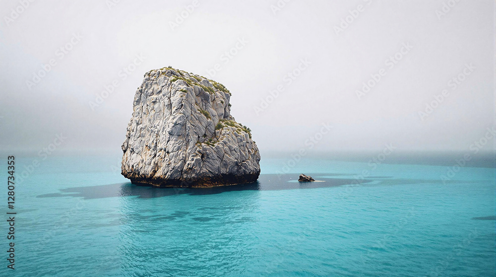 Poster a large rock in the middle of a body of water, surrounded by a vast expanse of sky. the rock stands 