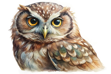 Realistic owl illustration, detailed watercolor style, vibrant colors, nature art, wildlife decor.