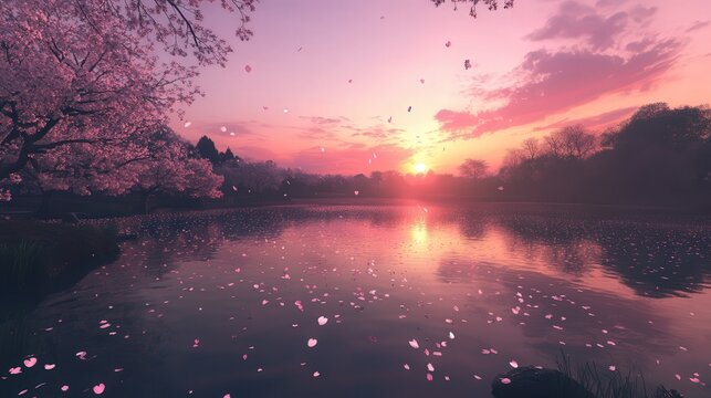 cherry blossoms at sunset, the petals floating gently on the water surface as the sky turns pink and purple.