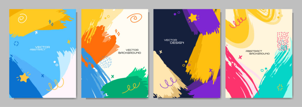 Vector illustration. Bright background. Paint brush strokes and hand drawn doodle elements. Trendy abstract color design for book cover, brochure, magazine, poster, flyer. Colorful childish style