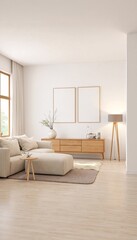 Fototapeta premium A minimalist living room with light-colored walls and floors, featuring an off-white couch against a wall, a small table next to it, and a window on the left.