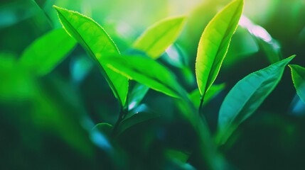 Obraz premium Close-up of fresh tea leaves on a tea plantation, vibrant green colors, natural daylight, high detail, scenic and organic