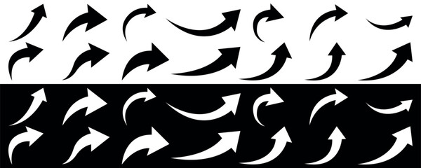 Hand drawn line pointers, pencil sketch elements, round curly wavy direction arrows. Doodle arrows. Vector illustration isolated on white and black background.