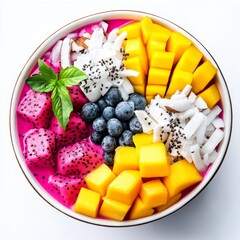 Vibrant Tropical Smoothie Bowl with Fresh Exotic Fruits and Seeds Garnish