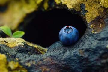 Obraz premium A single blueberry sits in a natural hole in the trunk of a tree