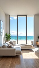 Living room with sliding glass door and view of ocean.