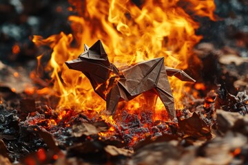 Fototapeta premium Origami paper art dog near fire, isolated on white background
