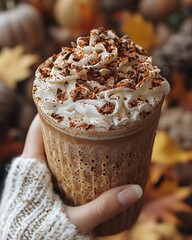 Pumpkin Spice Latte Held by Hand with Autumn Leaves Background