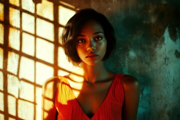 Short hairdo - straight hair. Gorgeous calm mixed-race girl - for ads, billboard and internet marketing networks use. Commercial promotion idea. Short hair fashion trend. Commercial woman ad.