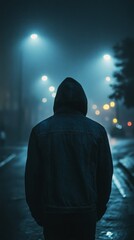 Under the cover of darkness, a solitary figure in a hooded jacket strolls along an empty street. Streetlights cast a mysterious glow, illuminating the fog that envelops the surroundings