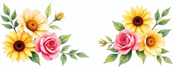 Soft pink & yellow sunflowers, roses watercolor bouquet Delicate leaves, artistic arrangement , pastel, celebration
